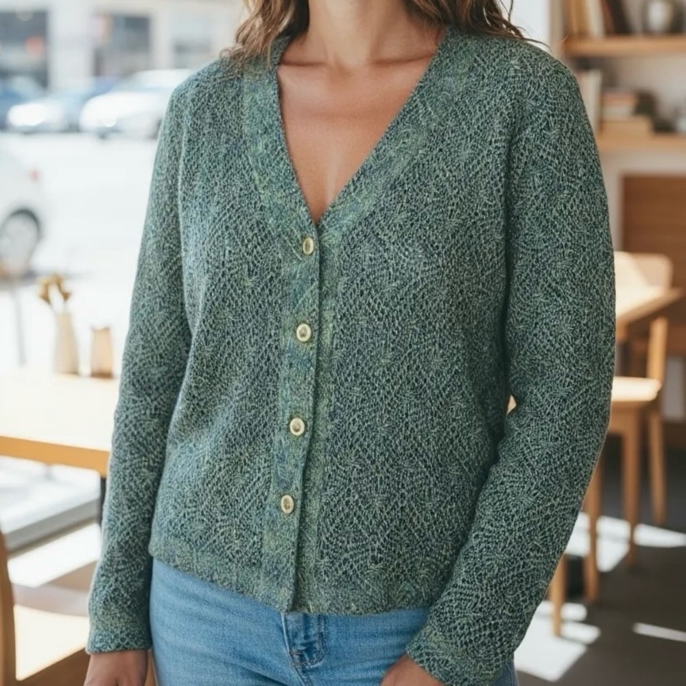 Vintage 90s Gantos Blue Open Knit Cardigan Sweater Medium Artsy Boho